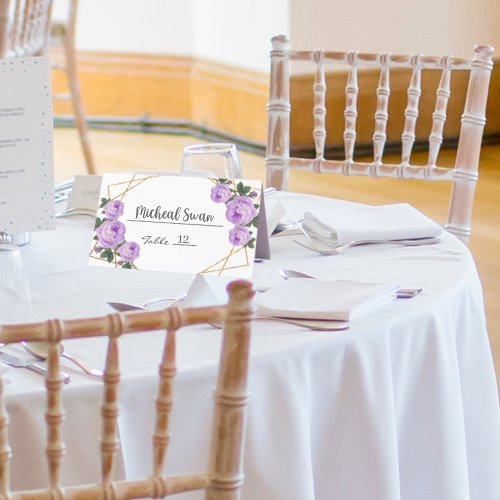 Gold Glitter Geo Purple Floral Wedding Couple Fold Place Card
