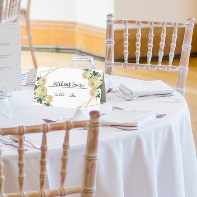 Gold Glitter Geo Yellow Floral Wedding Couple Fold Place Card (Creator Uploaded)