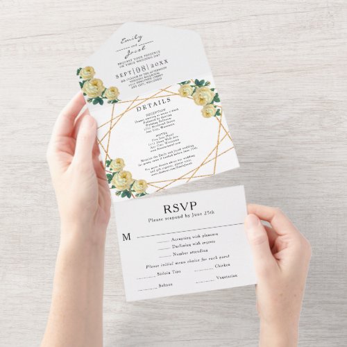 Gold Glitter Geo Yellow Floral Wedding RSVP Photo All In One Invitation