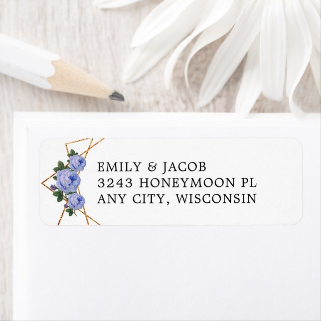 Gold Glitter Geometric Blue Floral Wedding Address Label (Insitu)