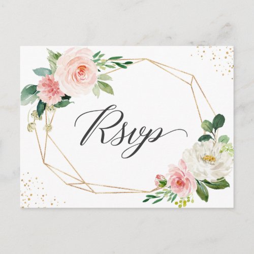 Gold Glitter Geometric Blush Floral Wedding RSVP Invitation Postcard