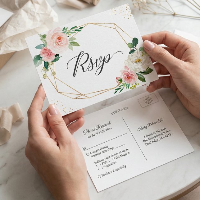 Gold Glitter Geometric Blush Floral Wedding RSVP Invitation Postcard (Creator Uploaded)