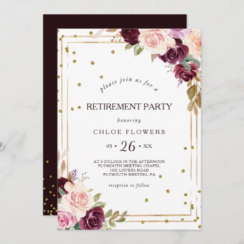 Gold Glitter Geometric Burgundy Retirement Party Invitation