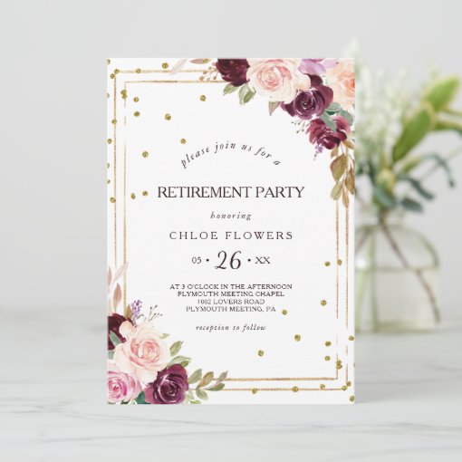 Gold Glitter Geometric Burgundy Retirement Party Invitation | Zazzle