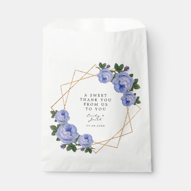Gold Glitter Geometric Elegant Blue Floral Wedding Favor Bag (Front)