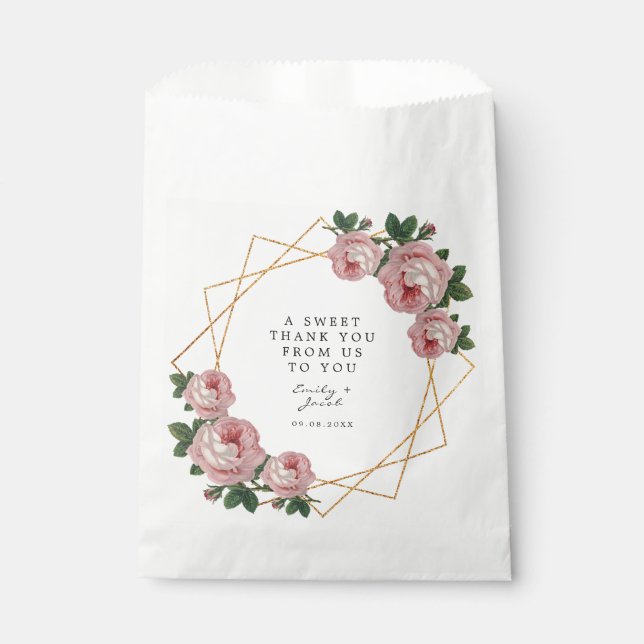 Gold Glitter Geometric Elegant Pink Floral Wedding Favor Bag (Front)