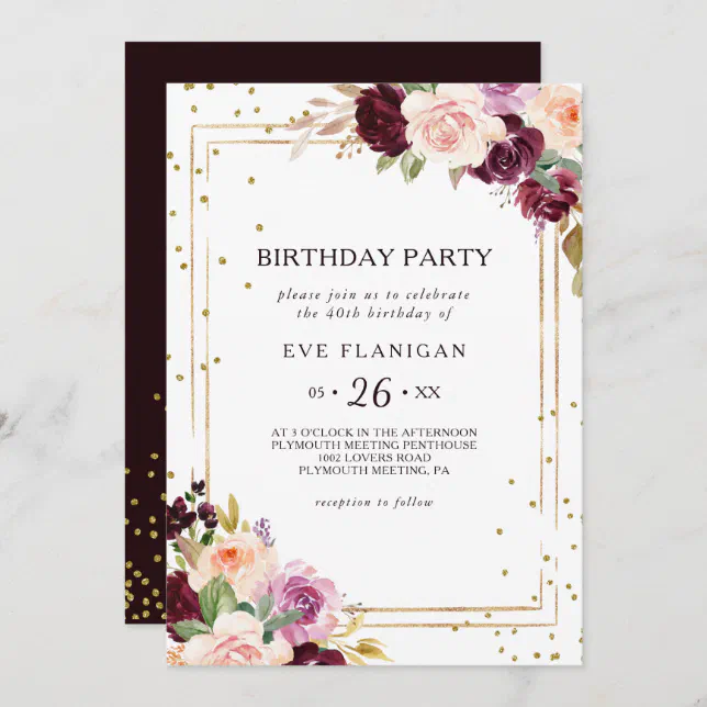 Gold Glitter Geometric Floral 40th Birthday Party Invitation | Zazzle