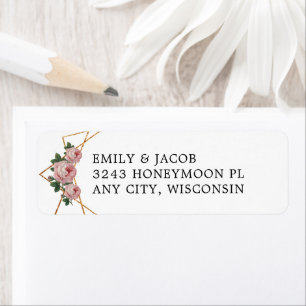 Gold Glitter Geometric Pink Floral Wedding Address Label