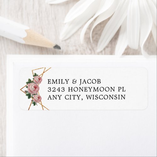 Gold Glitter Geometric Pink Floral Wedding Address Label