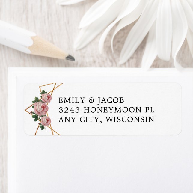 Gold Glitter Geometric Pink Floral Wedding Address Label (Insitu)