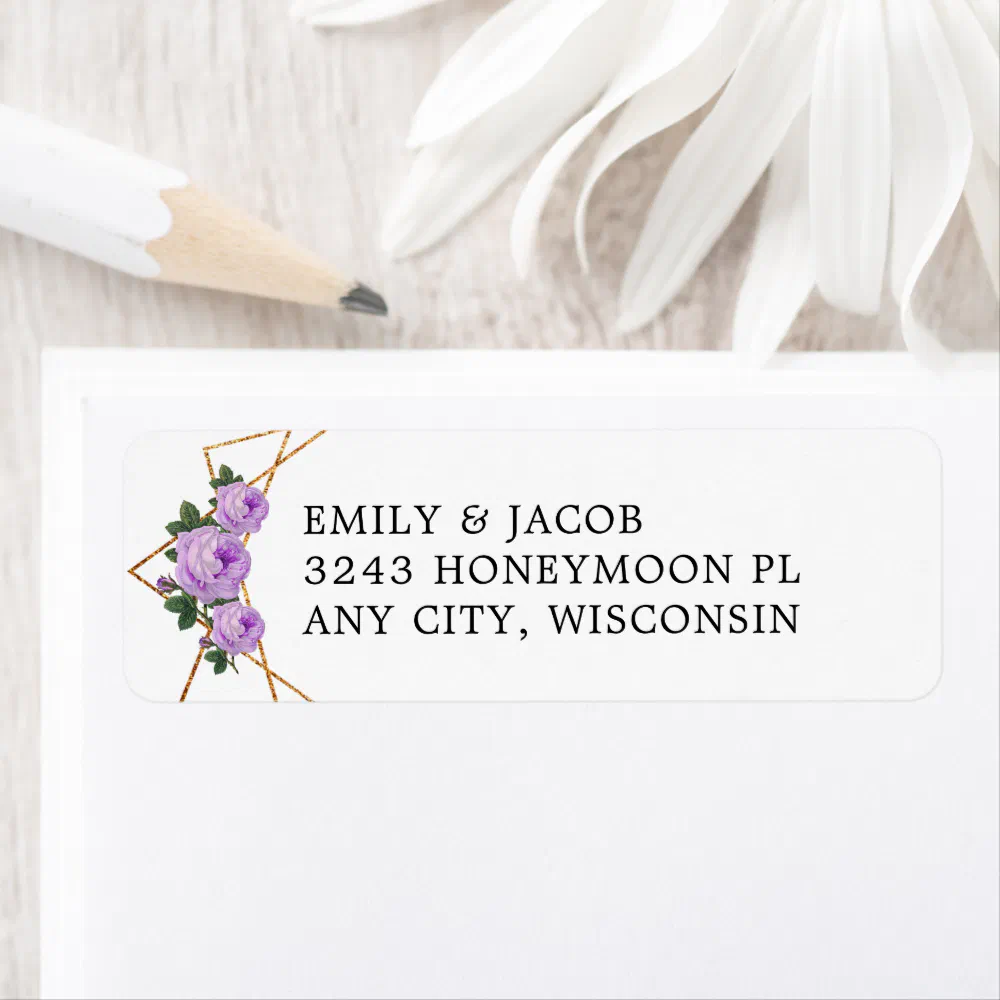 Gold Glitter Geometric Purple Floral Wed Address Label