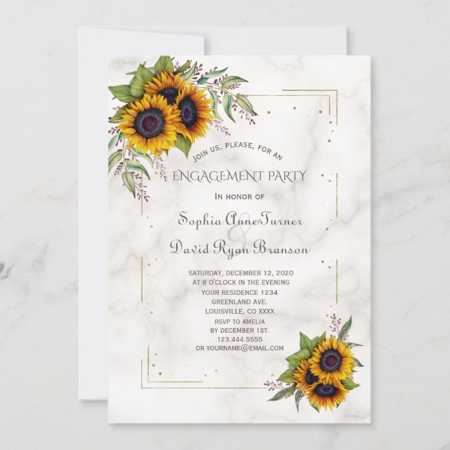 Gold Glitter Geometric Sunflowers Engagement Party Invitation (Front)