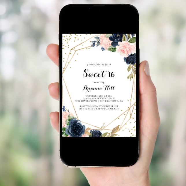 Gold Glitter Geometric Sweet 16 Birthday Party Invitation (Front Digital)