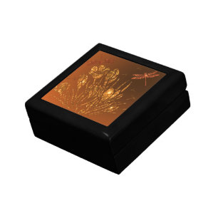 Gold Glitter Gift Box Dragonflies and Flowers