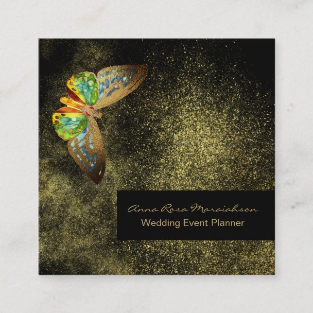 *~* Gold Glitter Gilded Butterfly Girly Chic Black Square Business Card (Front)