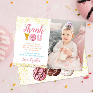 Gold Glitter Girl Donut Birthday Photo Thank You Card