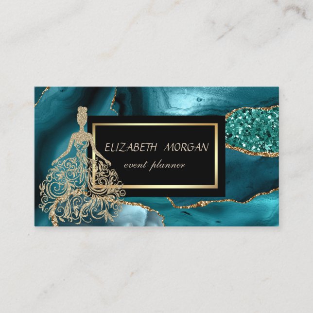 Gold Glitter Girl Emerald Green Business Card (Front)