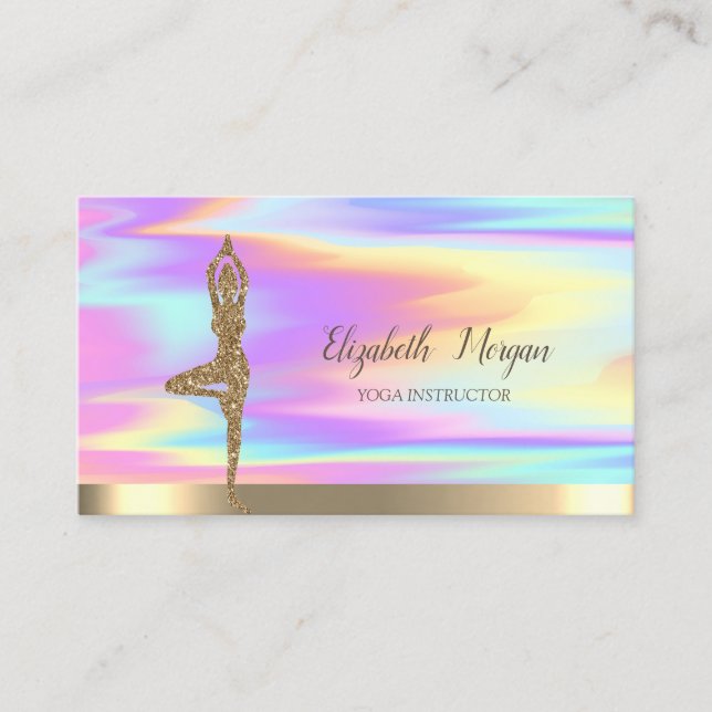 Gold Glitter Girl Yoga Holographic Business Card (Front)
