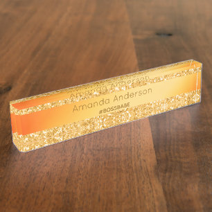 Gold glitter girly bossbabe humor desk name plate