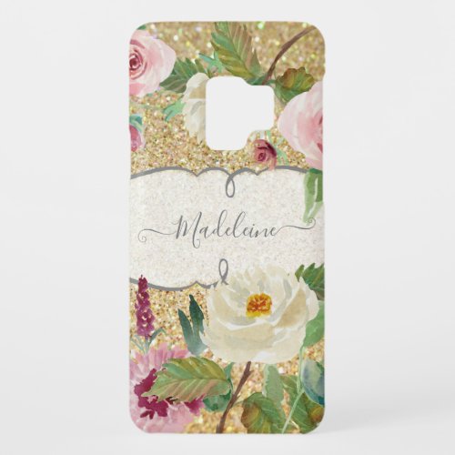 Gold Glitter Girly Floral Watercolor Pink Burgundy Case_Mate Samsung Galaxy S9 Case