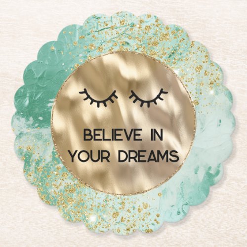 Gold Glitter Girly Glam Mint Paint Paper Coaster