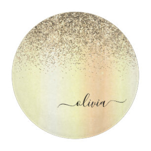 Gold Glitter Girly Luxury Modern Monogram Name Cutting Board