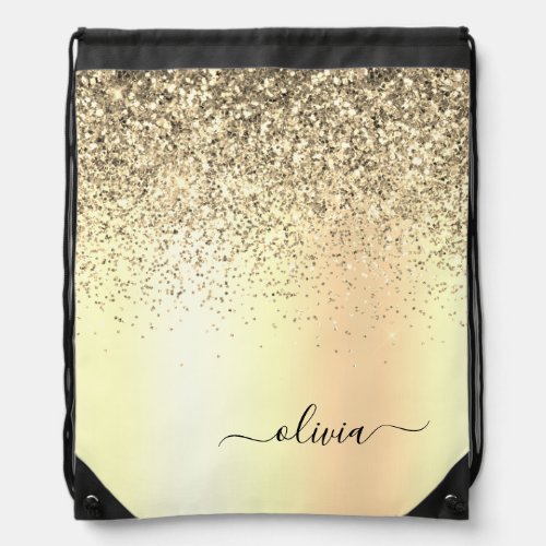 Gold Glitter Girly Luxury Modern Monogram Name Drawstring Bag