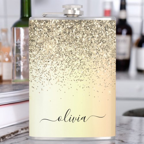 Gold Glitter Girly Luxury Modern Monogram Name Flask