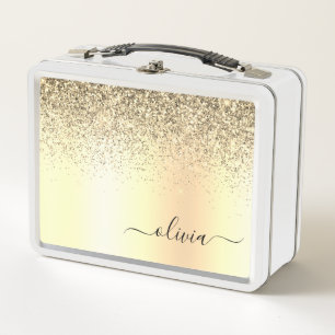 Gold Glitter Girly Luxury Modern Monogram Name Metal Lunch Box