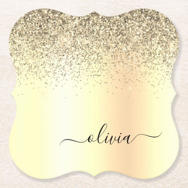Gold Glitter Girly Luxury Modern Monogram Name Paper Coaster (Front)