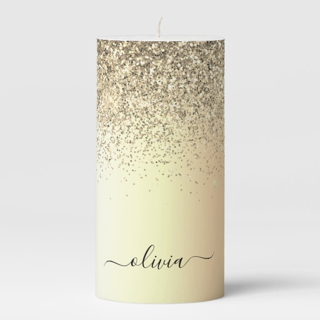 Gold Glitter Girly Luxury Modern Monogram Name Pillar Candle (Front)