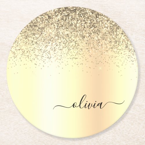 Gold Glitter Girly Luxury Modern Monogram Name Round Paper Coaster