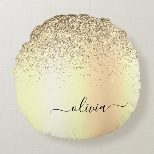 Gold Glitter Girly Luxury Modern Monogram Name Round Pillow