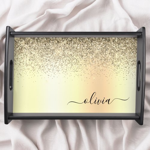 Gold Glitter Girly Luxury Modern Monogram Name Serving Tray