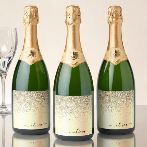 Gold Glitter Girly Luxury Modern Monogram Name Sparkling Wine Label