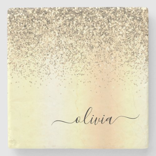 Gold Glitter Girly Luxury Modern Monogram Name Stone Coaster