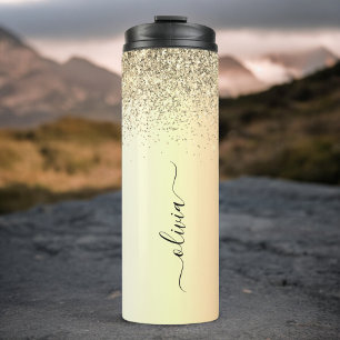 Gold Glitter Girly Luxury Modern Monogram Name Thermal Tumbler
