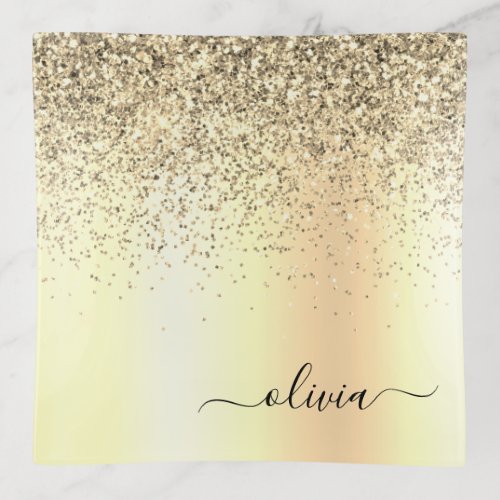 Gold Glitter Girly Luxury Modern Monogram Name Trinket Tray