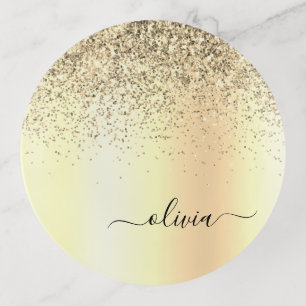 Gold Glitter Girly Luxury Modern Monogram Name Trinket Tray