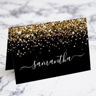 Gold Glitter Girly Signature Black Place Cards