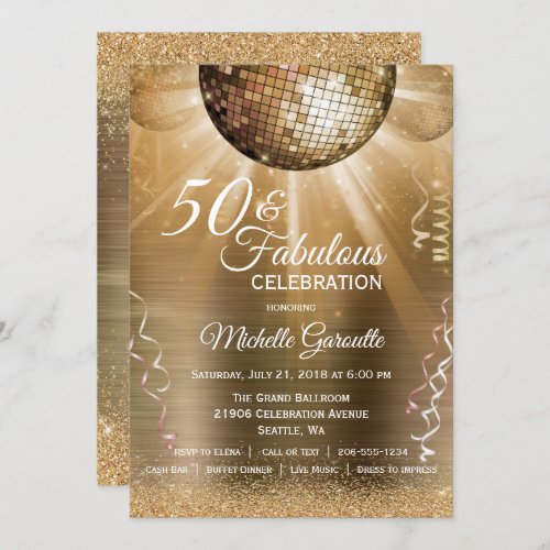 Gold Glitter Glam 50 and Fabulous Disco Ball Invitation