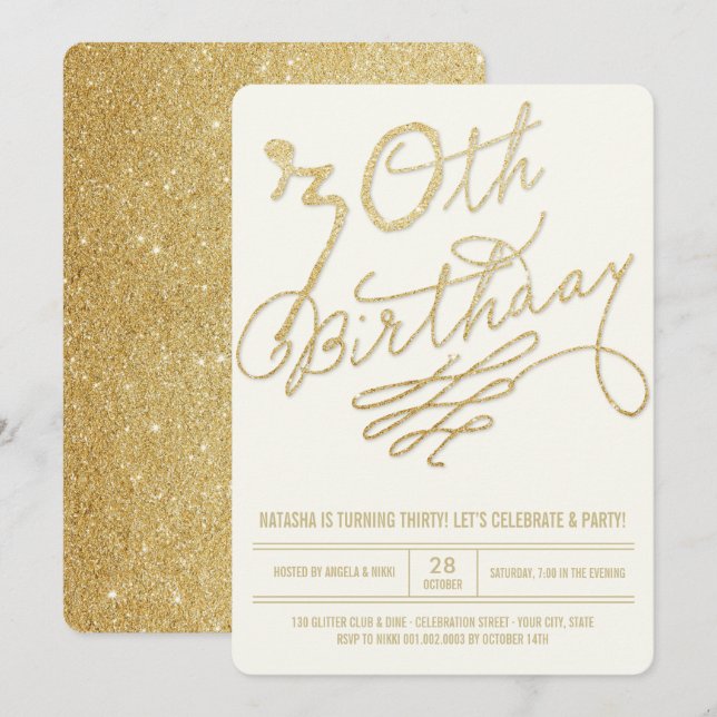 Gold Glitter Glam Adult 30th Birthday Party Invite (Front/Back)