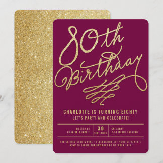 Gold Glitter Glam Adult 80th Birthday Party Invite