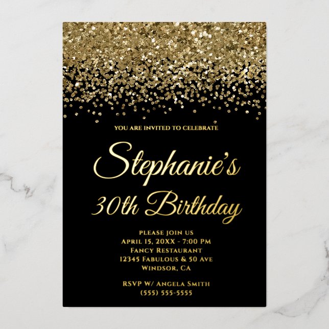 Gold Glitter Glam Black 30th Birthday Foil Invitation (Front)