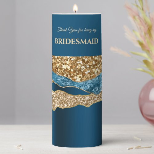 Gold glitter glam blue BRIDESMAID thank you Pillar Candle