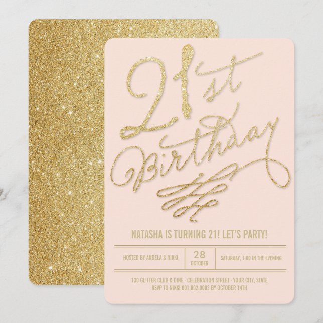 Gold Glitter Glam Blush 21st Birthday Party Invite (Front/Back)