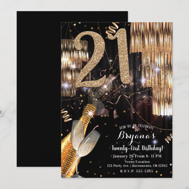Gold Glitter Glam Champagne Wine 21st 21 Birthday Invitation (Front/Back)