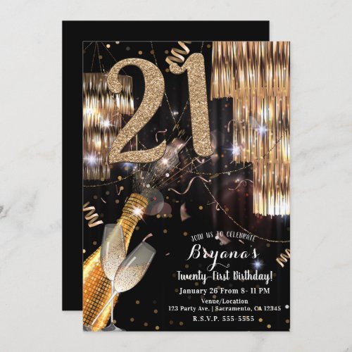 Gold Glitter Glam Champagne Wine 21st 21 Birthday Invitation