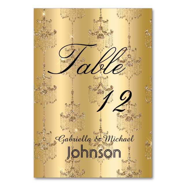 Gold Glitter Glam Chandeliers Table Number (Front)