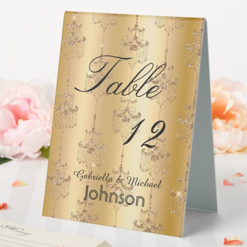 Gold Glitter Glam Chandeliers Table Number Table Tent Sign